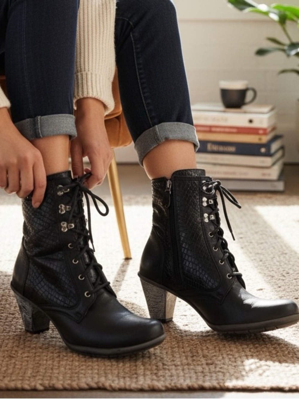 A.S.98 (Airstep) Mid Calf Snake-Embossed Leather Lace Up Boots w. Zippers